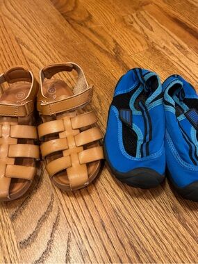 tan fisherman sandals and blue water shoes